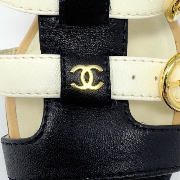 Chanel CC Logo Leather Strappy Gladiator Heels Sandals Black White Gold EU37 - Picture 7 of 11